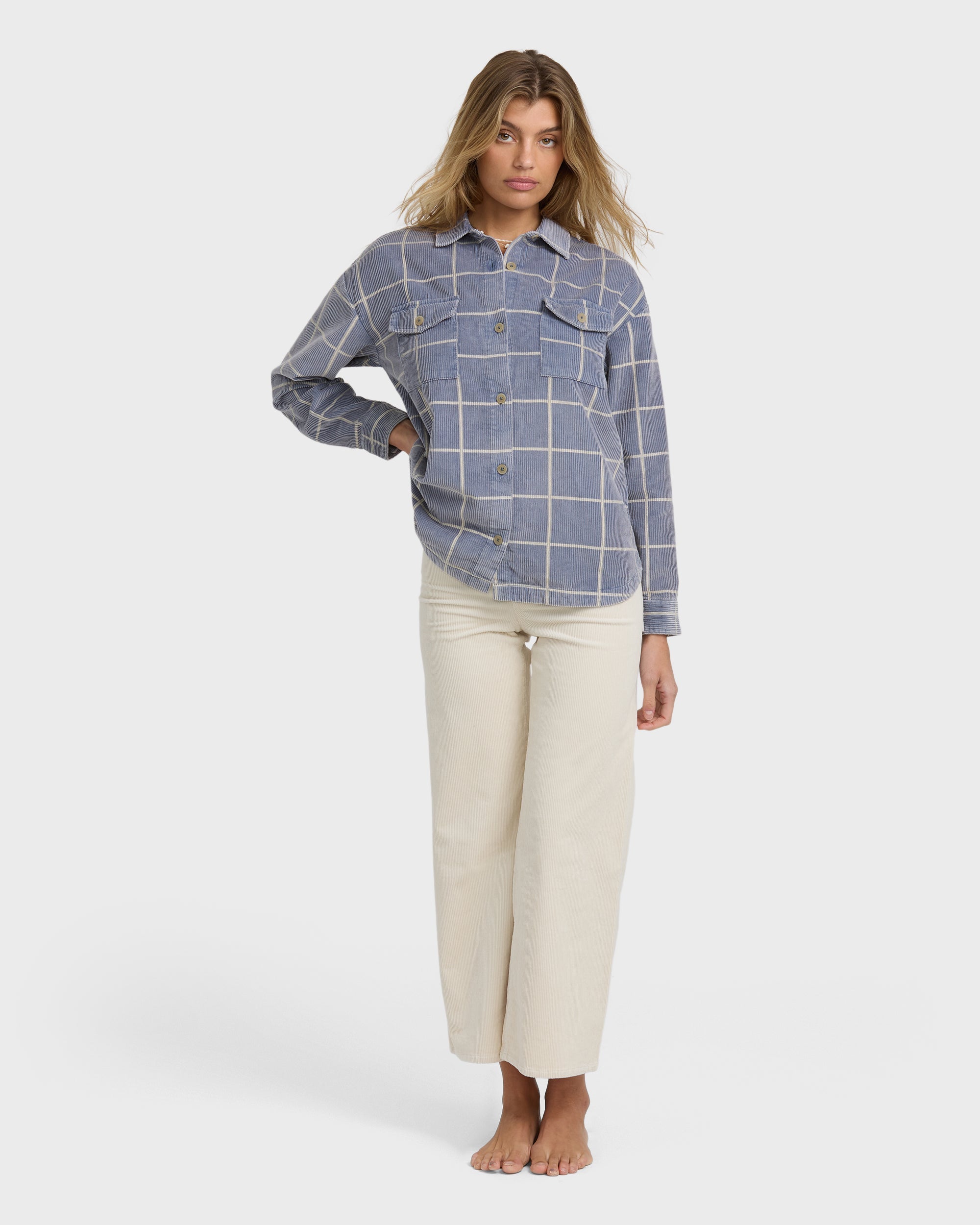 Billabong Fadeaway Long Sleeve Cord Shacket - Stone Blue