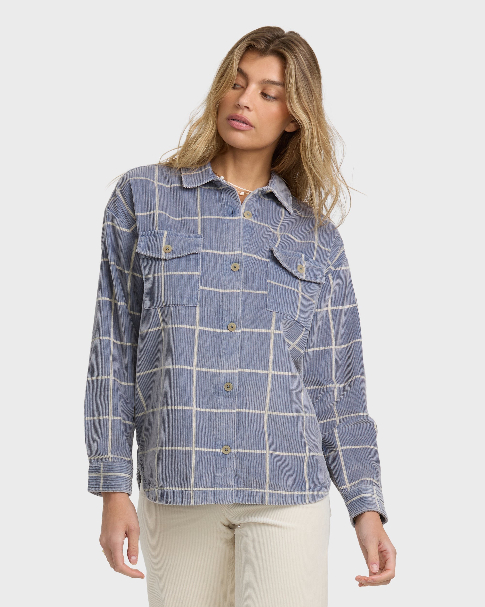 Billabong Fadeaway Long Sleeve Cord Shacket - Stone Blue