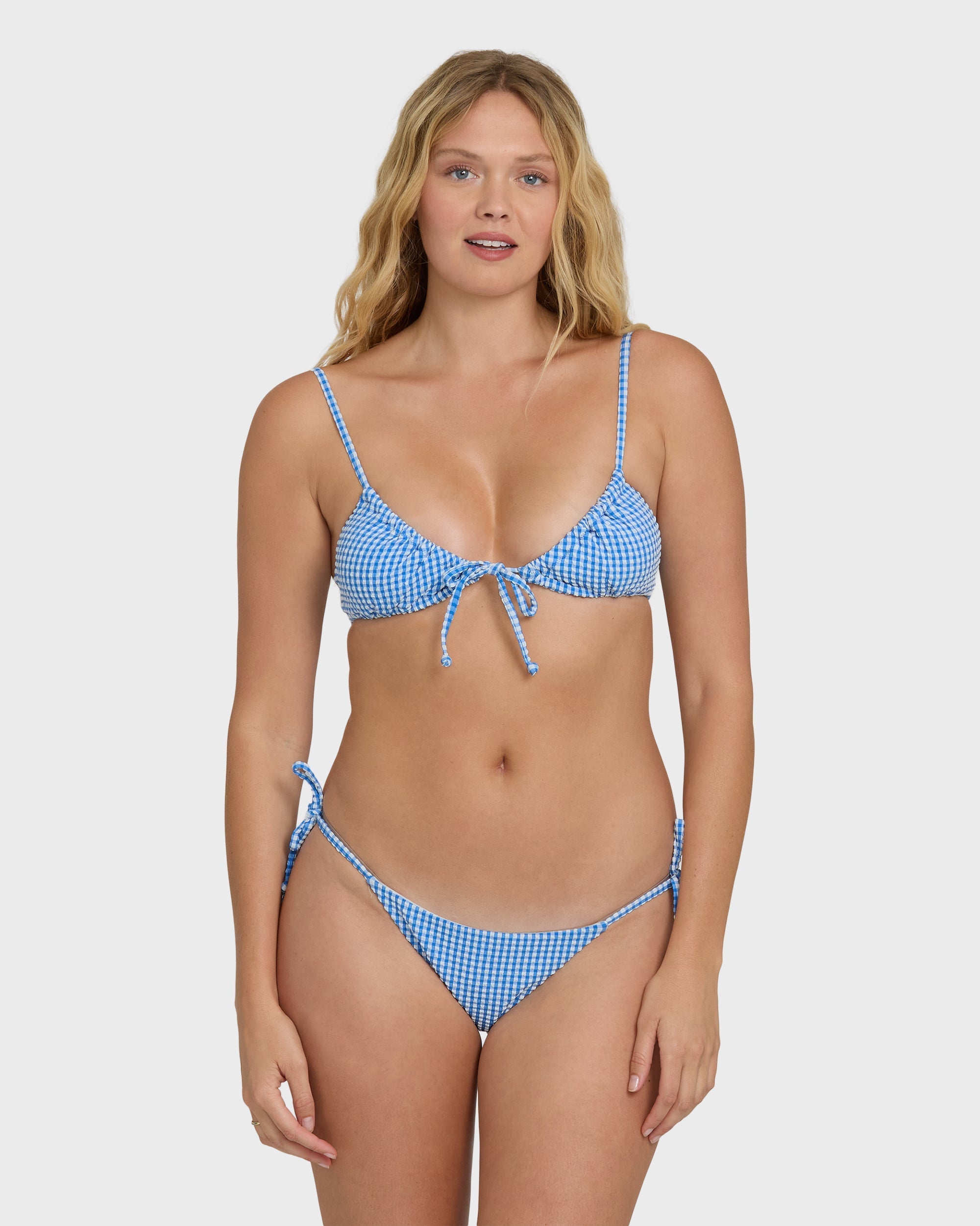 Billabong Mini Wave Check Tie-Side Tanga Bikini Bottoms - True Blue